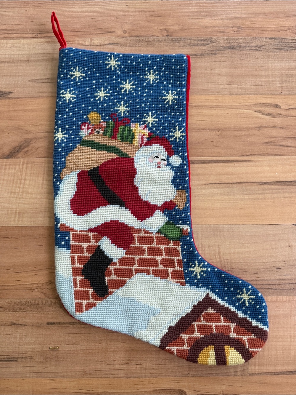 VINTAGE Needlepoint by Hand 100% Wool Santa w/Chimney Christmas Holiday Stocking